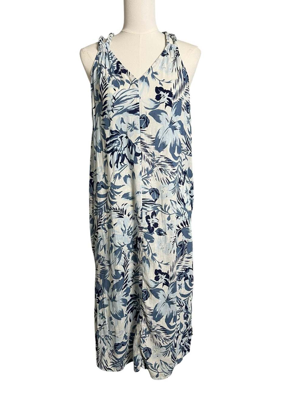 Linen Tropical Dress Hawaiian Braided Strap M / L Cruise Vacay Beach Shift